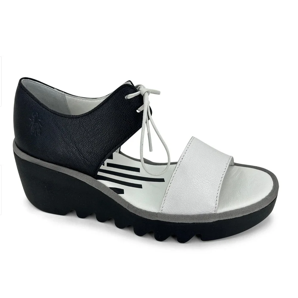 FLY LONDON Black White‎ Leather Lace Up Platform Wedge Sandals EU39 US8-8.5